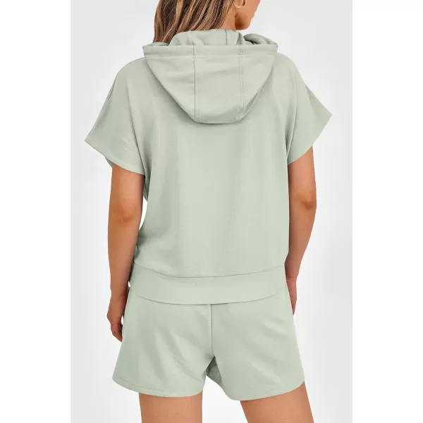 imagePRETTYGARDEN Womens 2 Piece Outfits Summer Cap Sleeve Hoodie Tops And Lounge Shorts Sweatsuits SetsLight Green