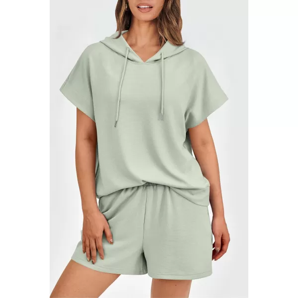 imagePRETTYGARDEN Womens 2 Piece Outfits Summer Cap Sleeve Hoodie Tops And Lounge Shorts Sweatsuits SetsLight Green