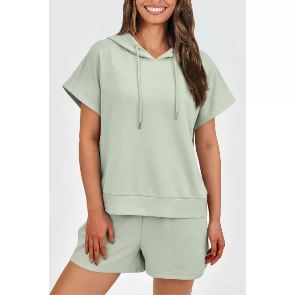 imagePRETTYGARDEN Womens 2 Piece Outfits Summer Cap Sleeve Hoodie Tops And Lounge Shorts Sweatsuits SetsLight Green