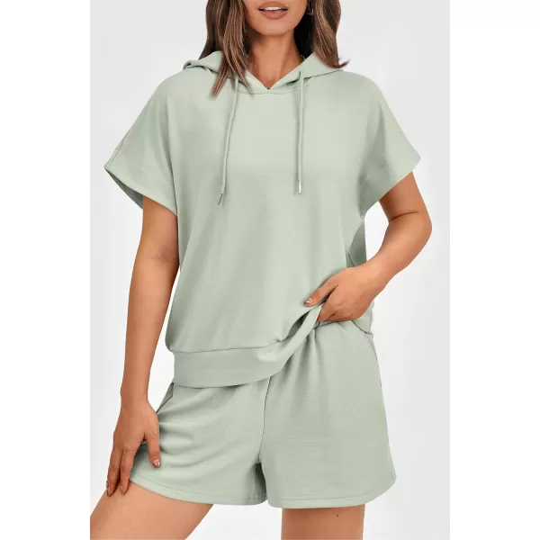 imagePRETTYGARDEN Womens 2 Piece Outfits Summer Cap Sleeve Hoodie Tops And Lounge Shorts Sweatsuits SetsLight Green