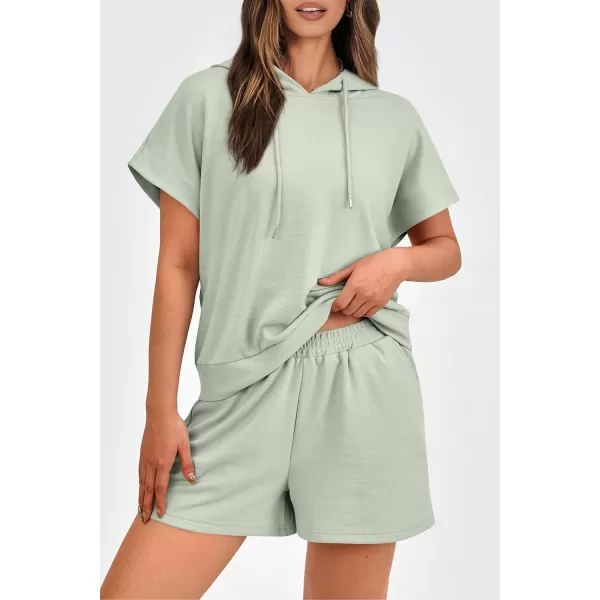 imagePRETTYGARDEN Womens 2 Piece Outfits Summer Cap Sleeve Hoodie Tops And Lounge Shorts Sweatsuits SetsLight Green