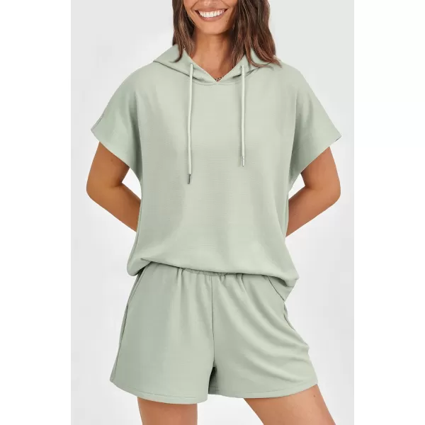 imagePRETTYGARDEN Womens 2 Piece Outfits Summer Cap Sleeve Hoodie Tops And Lounge Shorts Sweatsuits SetsLight Green