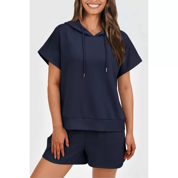 imagePRETTYGARDEN Womens 2 Piece Outfits Summer Cap Sleeve Hoodie Tops And Lounge Shorts Sweatsuits SetsNavy