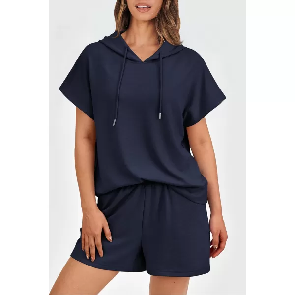 imagePRETTYGARDEN Womens 2 Piece Outfits Summer Cap Sleeve Hoodie Tops And Lounge Shorts Sweatsuits SetsNavy