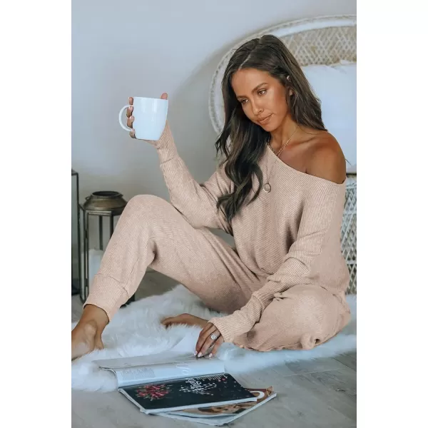 imagePRETTYGARDEN Womens 2 Piece Ribbed Tracksuit Outfits Off Shoulder Long Sleeve Pullover Long Pants with PocketsApricot