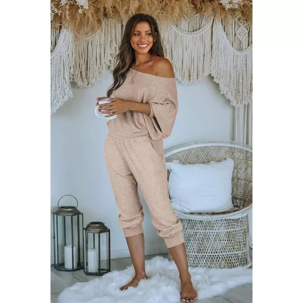 imagePRETTYGARDEN Womens 2 Piece Ribbed Tracksuit Outfits Off Shoulder Long Sleeve Pullover Long Pants with PocketsApricot