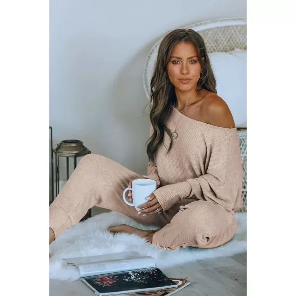 imagePRETTYGARDEN Womens 2 Piece Ribbed Tracksuit Outfits Off Shoulder Long Sleeve Pullover Long Pants with PocketsApricot