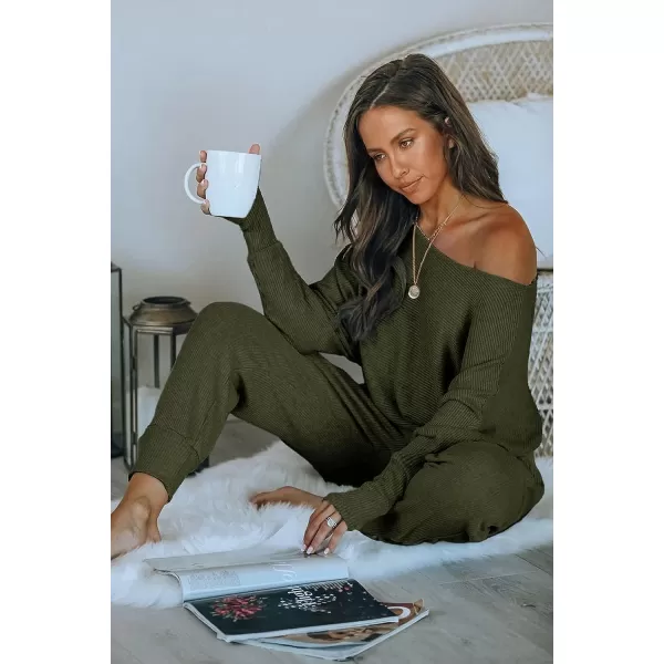 imagePRETTYGARDEN Womens 2 Piece Ribbed Tracksuit Outfits Off Shoulder Long Sleeve Pullover Long Pants with PocketsArmy Green