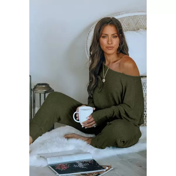 imagePRETTYGARDEN Womens 2 Piece Ribbed Tracksuit Outfits Off Shoulder Long Sleeve Pullover Long Pants with PocketsArmy Green