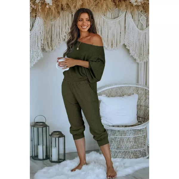 imagePRETTYGARDEN Womens 2 Piece Ribbed Tracksuit Outfits Off Shoulder Long Sleeve Pullover Long Pants with PocketsArmy Green