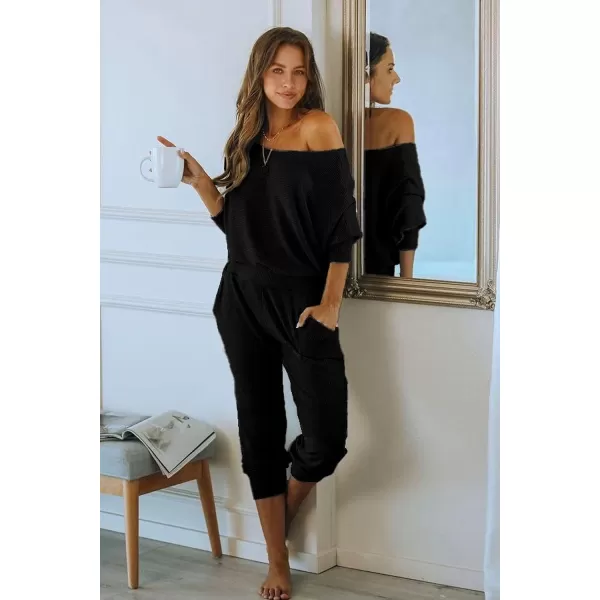 imagePRETTYGARDEN Womens 2 Piece Ribbed Tracksuit Outfits Off Shoulder Long Sleeve Pullover Long Pants with PocketsBlack