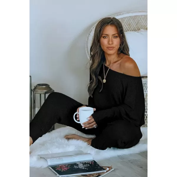 imagePRETTYGARDEN Womens 2 Piece Ribbed Tracksuit Outfits Off Shoulder Long Sleeve Pullover Long Pants with PocketsBlack