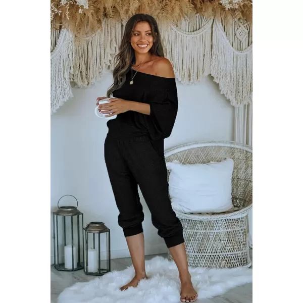 imagePRETTYGARDEN Womens 2 Piece Ribbed Tracksuit Outfits Off Shoulder Long Sleeve Pullover Long Pants with PocketsBlack
