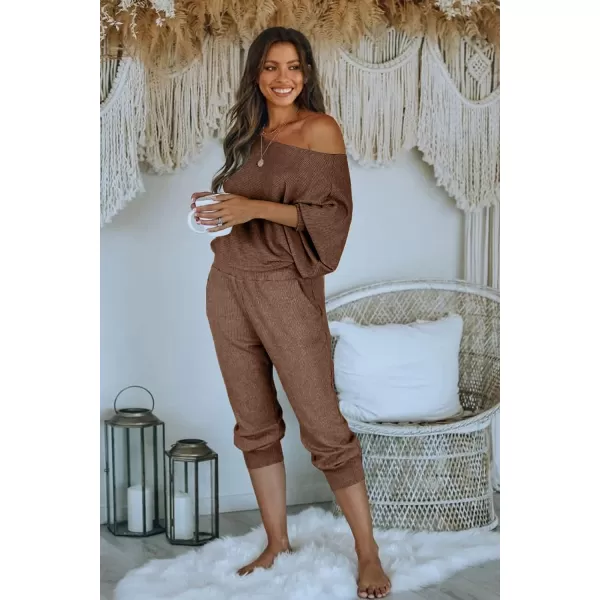 imagePRETTYGARDEN Womens 2 Piece Ribbed Tracksuit Outfits Off Shoulder Long Sleeve Pullover Long Pants with PocketsCoffee