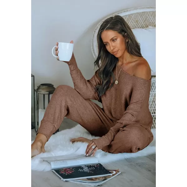 imagePRETTYGARDEN Womens 2 Piece Ribbed Tracksuit Outfits Off Shoulder Long Sleeve Pullover Long Pants with PocketsCoffee