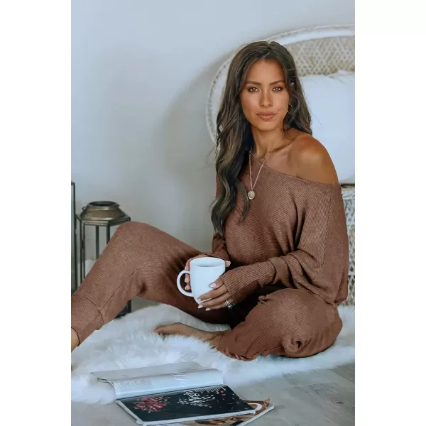 imagePRETTYGARDEN Womens 2 Piece Ribbed Tracksuit Outfits Off Shoulder Long Sleeve Pullover Long Pants with PocketsCoffee