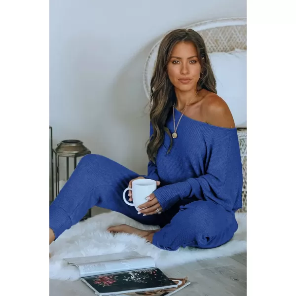 imagePRETTYGARDEN Womens 2 Piece Ribbed Tracksuit Outfits Off Shoulder Long Sleeve Pullover Long Pants with PocketsDark Blue