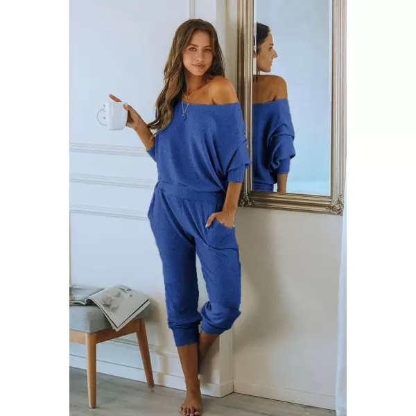 imagePRETTYGARDEN Womens 2 Piece Ribbed Tracksuit Outfits Off Shoulder Long Sleeve Pullover Long Pants with PocketsDark Blue