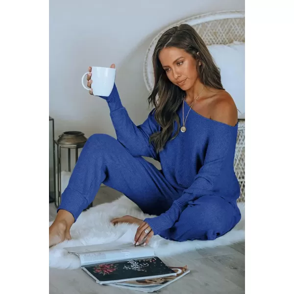 imagePRETTYGARDEN Womens 2 Piece Ribbed Tracksuit Outfits Off Shoulder Long Sleeve Pullover Long Pants with PocketsDark Blue