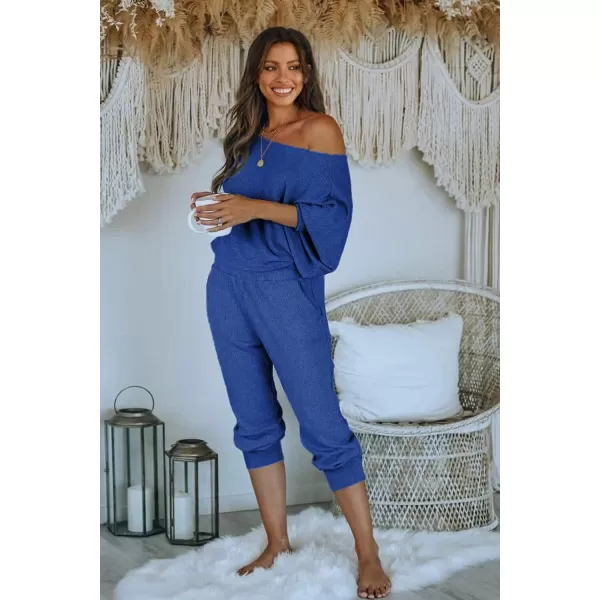 imagePRETTYGARDEN Womens 2 Piece Ribbed Tracksuit Outfits Off Shoulder Long Sleeve Pullover Long Pants with PocketsDark Blue