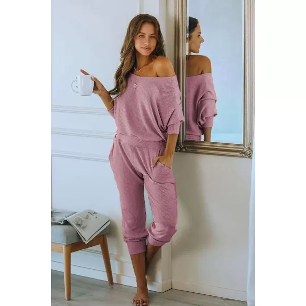 imagePRETTYGARDEN Womens 2 Piece Ribbed Tracksuit Outfits Off Shoulder Long Sleeve Pullover Long Pants with PocketsDusty Pink