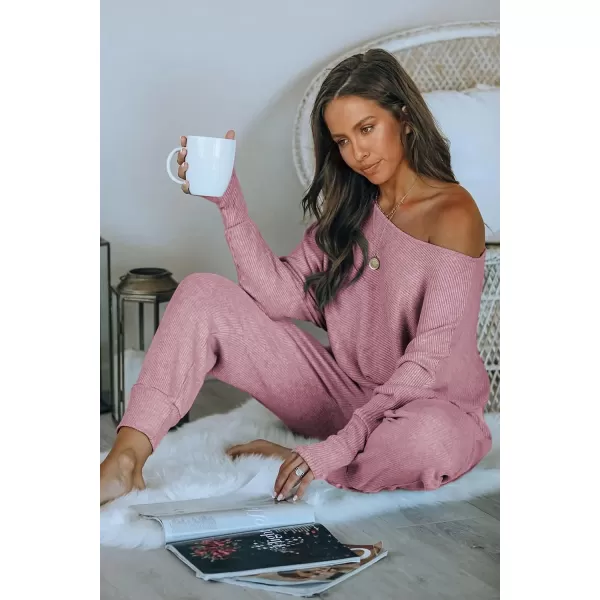 imagePRETTYGARDEN Womens 2 Piece Ribbed Tracksuit Outfits Off Shoulder Long Sleeve Pullover Long Pants with PocketsDusty Pink