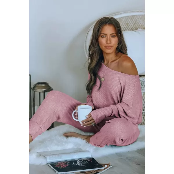 imagePRETTYGARDEN Womens 2 Piece Ribbed Tracksuit Outfits Off Shoulder Long Sleeve Pullover Long Pants with PocketsDusty Pink