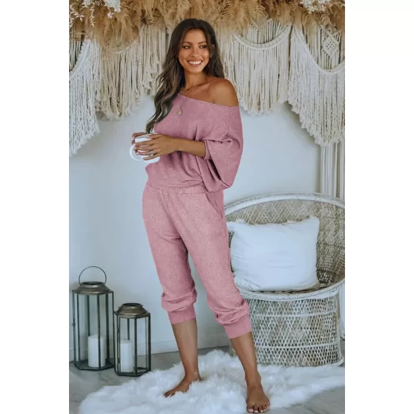 imagePRETTYGARDEN Womens 2 Piece Ribbed Tracksuit Outfits Off Shoulder Long Sleeve Pullover Long Pants with PocketsDusty Pink