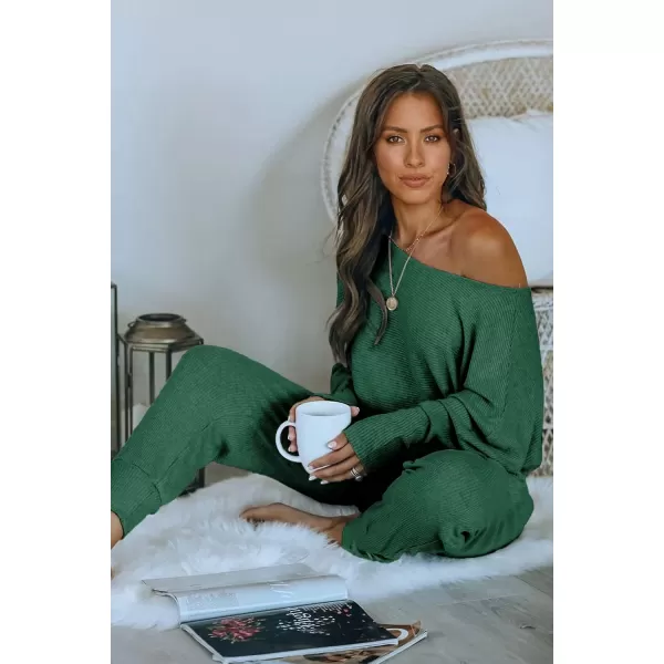 imagePRETTYGARDEN Womens 2 Piece Ribbed Tracksuit Outfits Off Shoulder Long Sleeve Pullover Long Pants with PocketsGreen