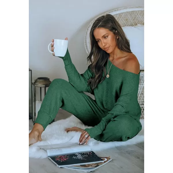 imagePRETTYGARDEN Womens 2 Piece Ribbed Tracksuit Outfits Off Shoulder Long Sleeve Pullover Long Pants with PocketsGreen