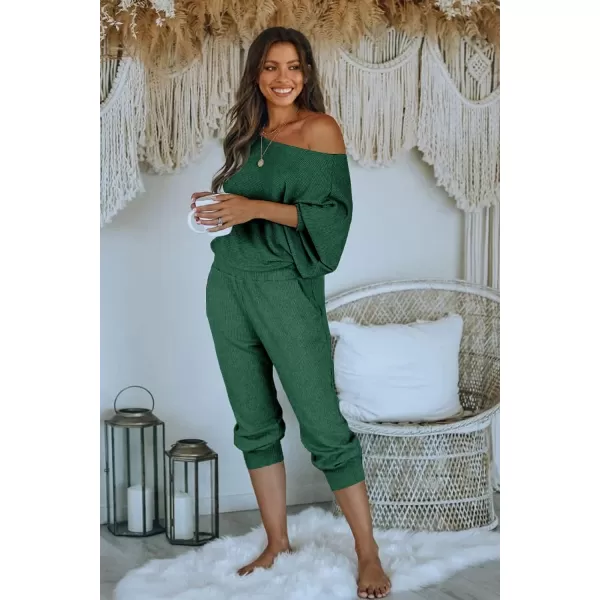 imagePRETTYGARDEN Womens 2 Piece Ribbed Tracksuit Outfits Off Shoulder Long Sleeve Pullover Long Pants with PocketsGreen