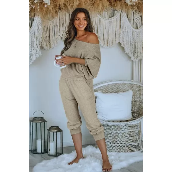 imagePRETTYGARDEN Womens 2 Piece Ribbed Tracksuit Outfits Off Shoulder Long Sleeve Pullover Long Pants with PocketsGrey