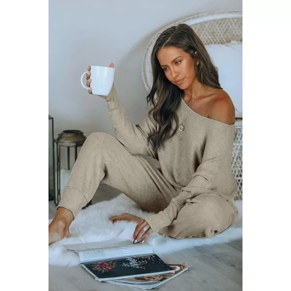 imagePRETTYGARDEN Womens 2 Piece Ribbed Tracksuit Outfits Off Shoulder Long Sleeve Pullover Long Pants with PocketsGrey