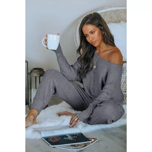 imagePRETTYGARDEN Womens 2 Piece Ribbed Tracksuit Outfits Off Shoulder Long Sleeve Pullover Long Pants with PocketsGrey Blue