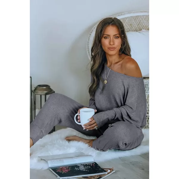 imagePRETTYGARDEN Womens 2 Piece Ribbed Tracksuit Outfits Off Shoulder Long Sleeve Pullover Long Pants with PocketsGrey Blue