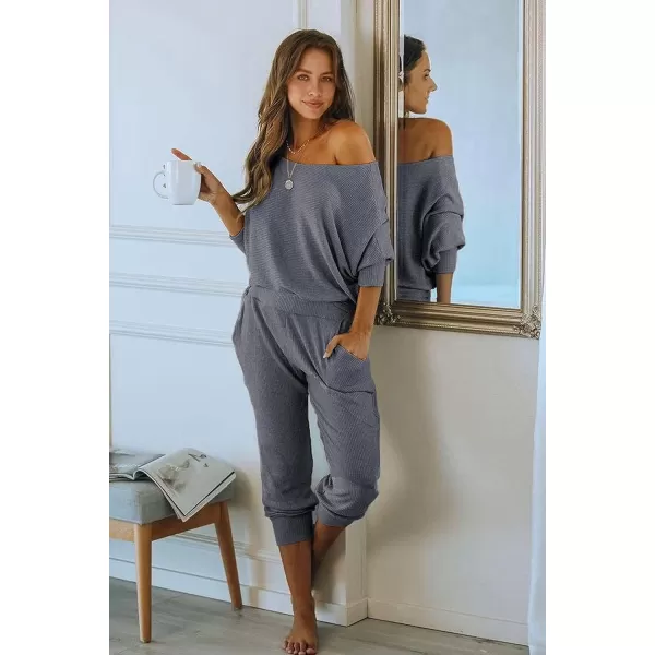 imagePRETTYGARDEN Womens 2 Piece Ribbed Tracksuit Outfits Off Shoulder Long Sleeve Pullover Long Pants with PocketsGrey Blue