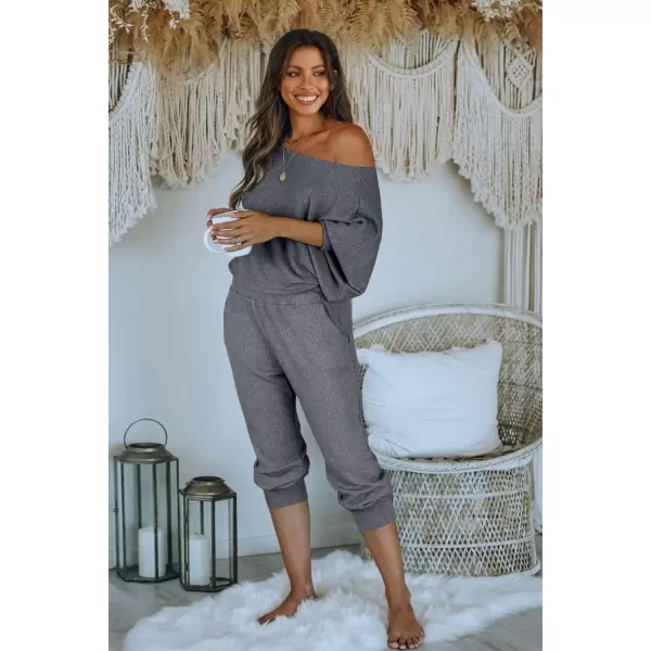 imagePRETTYGARDEN Womens 2 Piece Ribbed Tracksuit Outfits Off Shoulder Long Sleeve Pullover Long Pants with PocketsGrey Blue