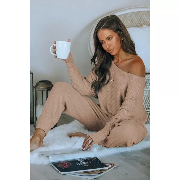 imagePRETTYGARDEN Womens 2 Piece Ribbed Tracksuit Outfits Off Shoulder Long Sleeve Pullover Long Pants with PocketsKhaki