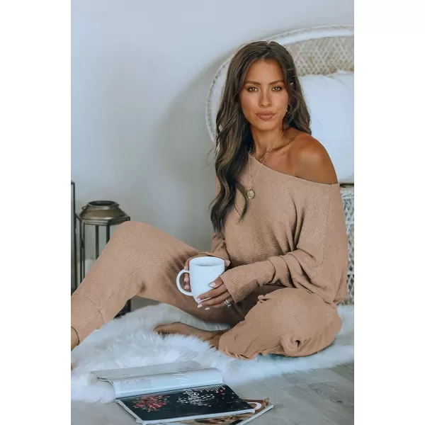 imagePRETTYGARDEN Womens 2 Piece Ribbed Tracksuit Outfits Off Shoulder Long Sleeve Pullover Long Pants with PocketsKhaki