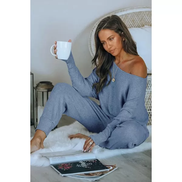 imagePRETTYGARDEN Womens 2 Piece Ribbed Tracksuit Outfits Off Shoulder Long Sleeve Pullover Long Pants with PocketsLight Blue
