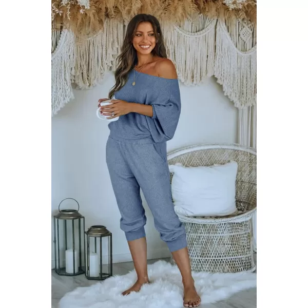 imagePRETTYGARDEN Womens 2 Piece Ribbed Tracksuit Outfits Off Shoulder Long Sleeve Pullover Long Pants with PocketsLight Blue