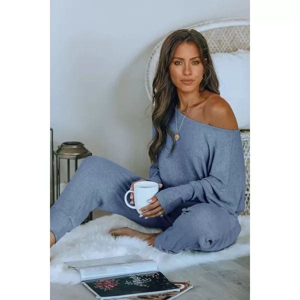 imagePRETTYGARDEN Womens 2 Piece Ribbed Tracksuit Outfits Off Shoulder Long Sleeve Pullover Long Pants with PocketsLight Blue