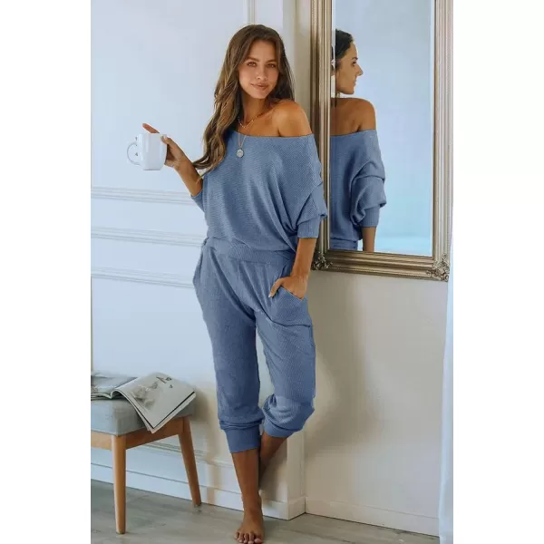 imagePRETTYGARDEN Womens 2 Piece Ribbed Tracksuit Outfits Off Shoulder Long Sleeve Pullover Long Pants with PocketsLight Blue