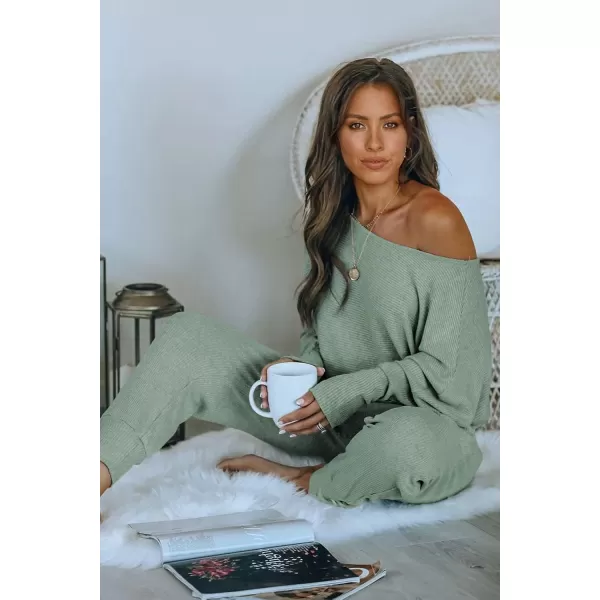 imagePRETTYGARDEN Womens 2 Piece Ribbed Tracksuit Outfits Off Shoulder Long Sleeve Pullover Long Pants with PocketsLight Green
