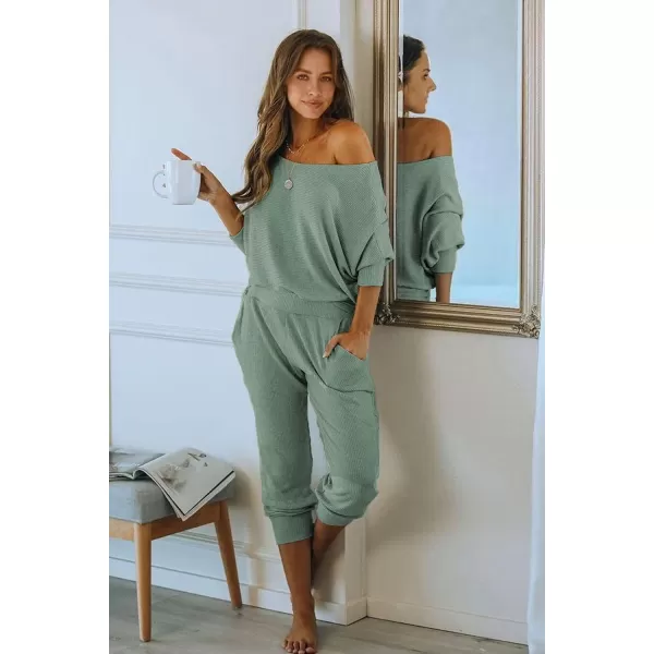 imagePRETTYGARDEN Womens 2 Piece Ribbed Tracksuit Outfits Off Shoulder Long Sleeve Pullover Long Pants with PocketsLight Green