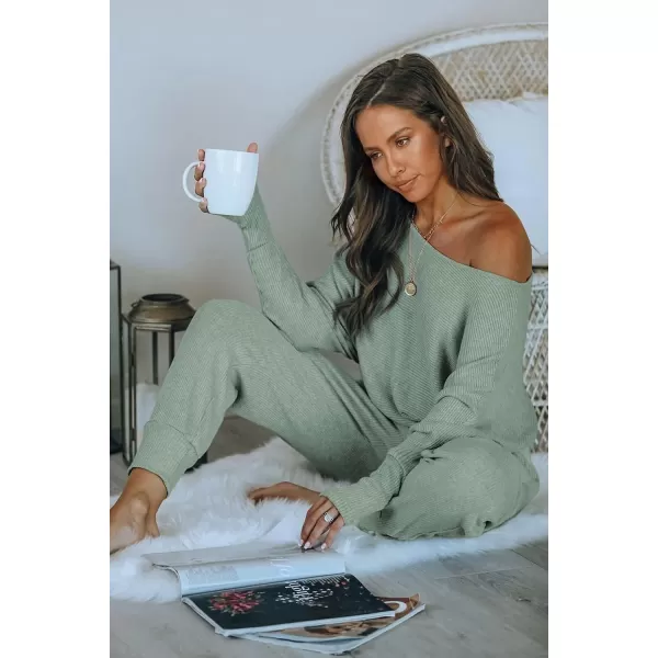 imagePRETTYGARDEN Womens 2 Piece Ribbed Tracksuit Outfits Off Shoulder Long Sleeve Pullover Long Pants with PocketsLight Green