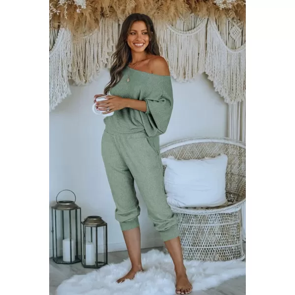 imagePRETTYGARDEN Womens 2 Piece Ribbed Tracksuit Outfits Off Shoulder Long Sleeve Pullover Long Pants with PocketsLight Green