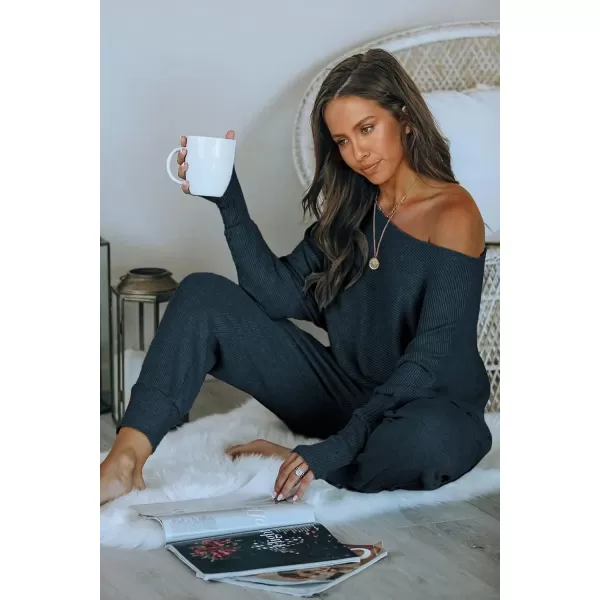 imagePRETTYGARDEN Womens 2 Piece Ribbed Tracksuit Outfits Off Shoulder Long Sleeve Pullover Long Pants with PocketsNavy