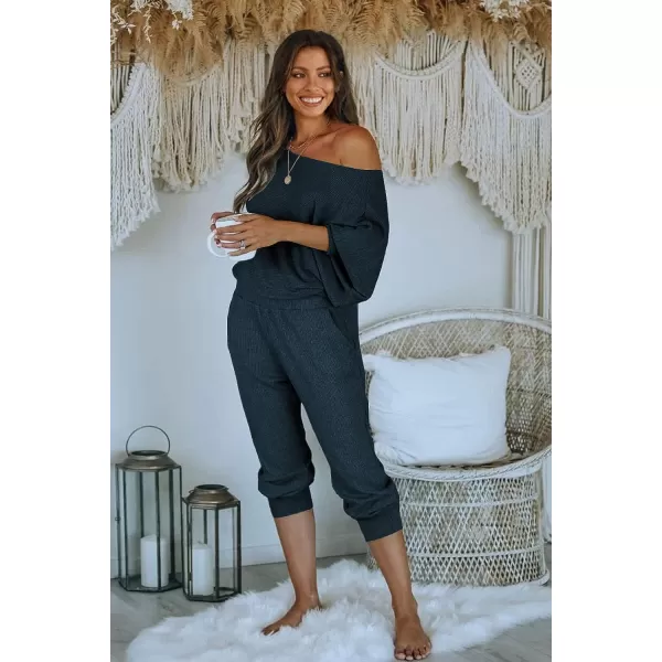 imagePRETTYGARDEN Womens 2 Piece Ribbed Tracksuit Outfits Off Shoulder Long Sleeve Pullover Long Pants with PocketsNavy