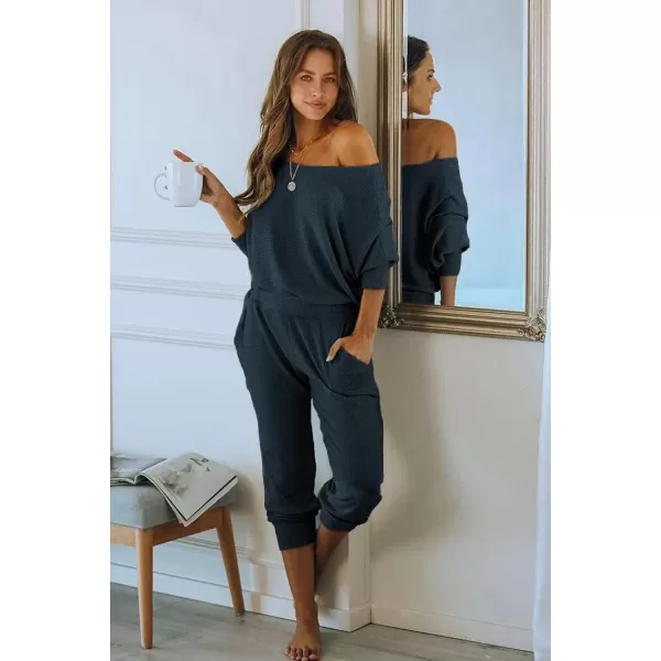 imagePRETTYGARDEN Womens 2 Piece Ribbed Tracksuit Outfits Off Shoulder Long Sleeve Pullover Long Pants with PocketsNavy